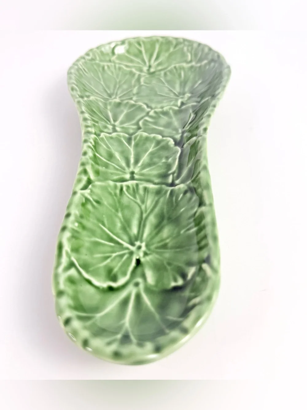 Vintage Ceramic Spoon Rest Olfaire Green Glazed Majolica Leaf Portugal Made